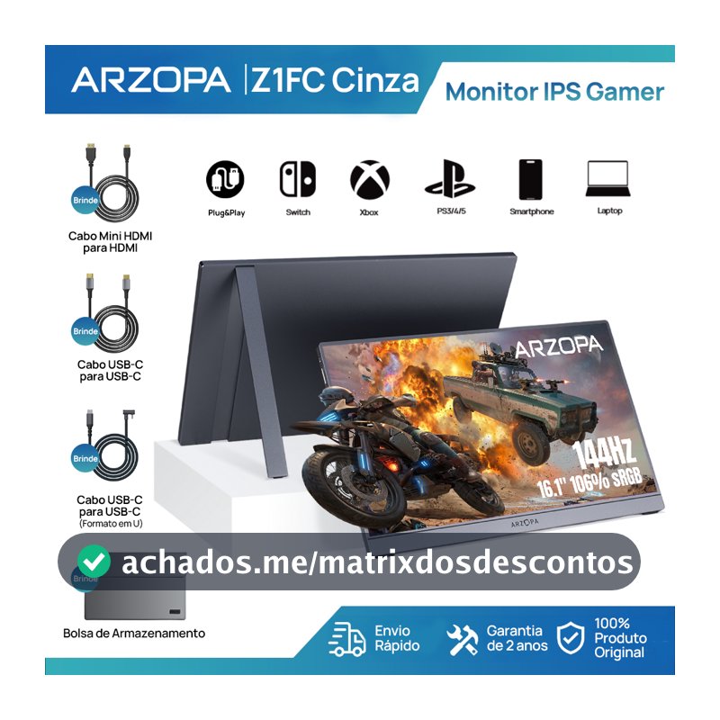 Monitor Gamer Portátil ARZOPA 16.1" 1080P, 144Hz, 106% sRGB, HDR, para Mac, PC, Switch e PlayStation
