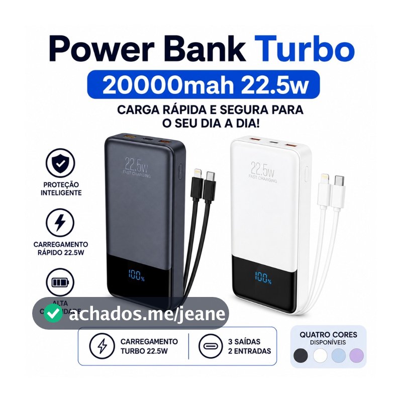 Carregador Portátil Power Bank Turbo 20000mAh 22.5W Premium iPhone Samsung Xiaomi
