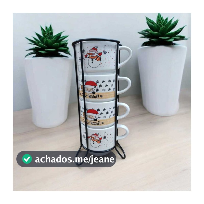 Jogo De 4 Xicaras Café Chá Porcelana Feliz Natal Com Suporte de Metal