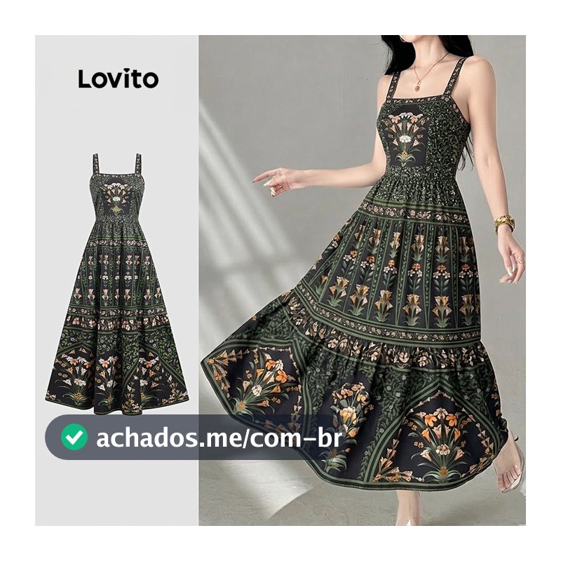 Lovito Floral Vestido Elegante Estilo Resort Nacional Textura Verde Militar Verão Primavera/verão para mulheres LK6ED539
