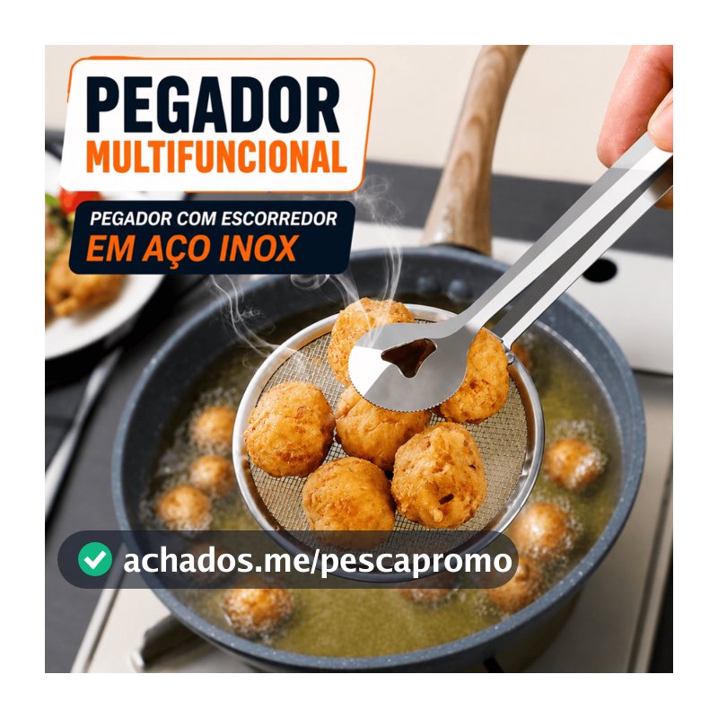 Pegador com Escorredor em Aço Inox Multifuncional para Frituras Alimentos Cozinha
