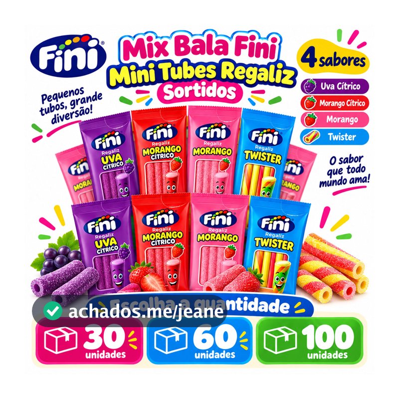 Bala Fini Mini Tubes Regaliz Mix Sabores Sortidos 30 60 100 Unidades