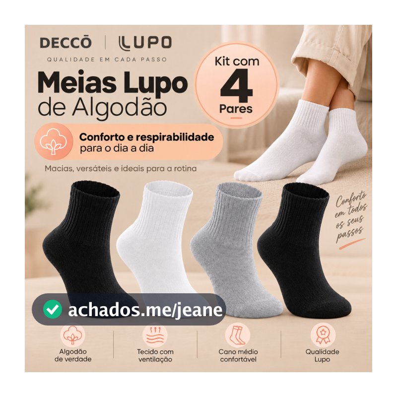 Kit com 4 Pares de Meias Lupo Sport Infantil Cano Médio Algodão Cores Básicas Menino e Menina