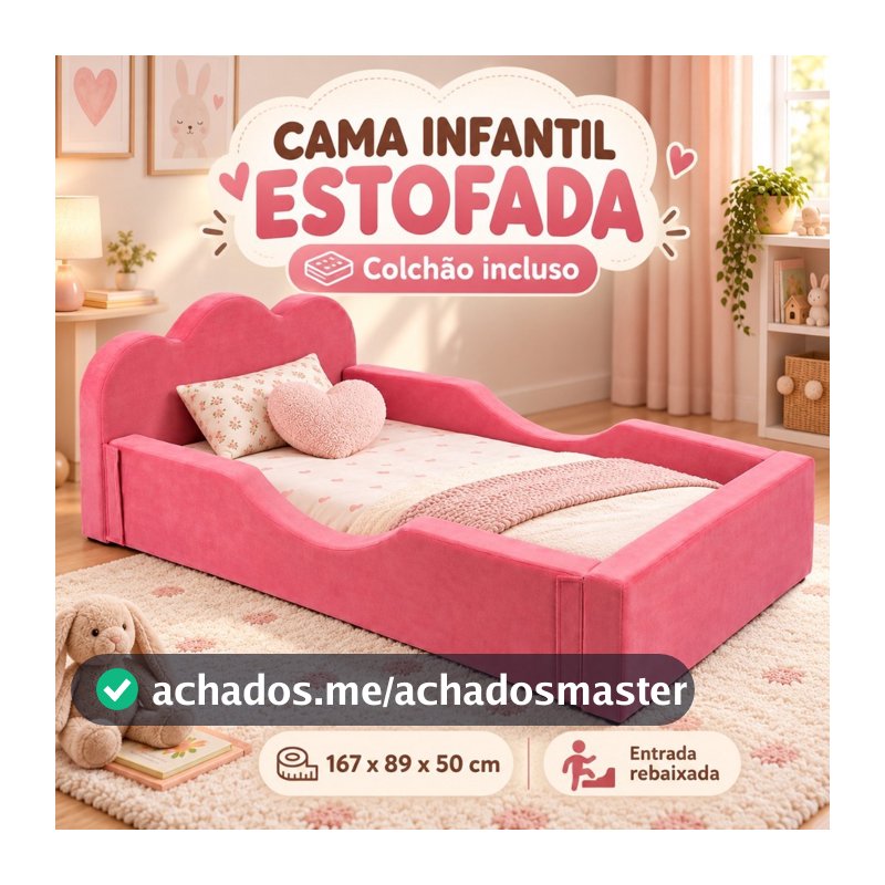 Mini Cama Infantil Montessoriana Pompom Espuma D26 Menina Menino Proteção Lateral Bege Rosa Azul Incluso Colchão - AV