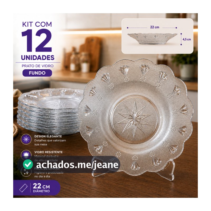 Kit 12 Pratos De Vidro Fundo Egipcio 22 Cm Design Moderno Com Borda Ondulada