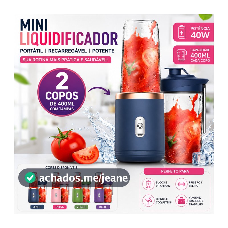 Mini Liquidificador Mixer Portátil C/ 2 Copos Recarregável USB 400ml 6 Lâminas Shake Sucos 40W