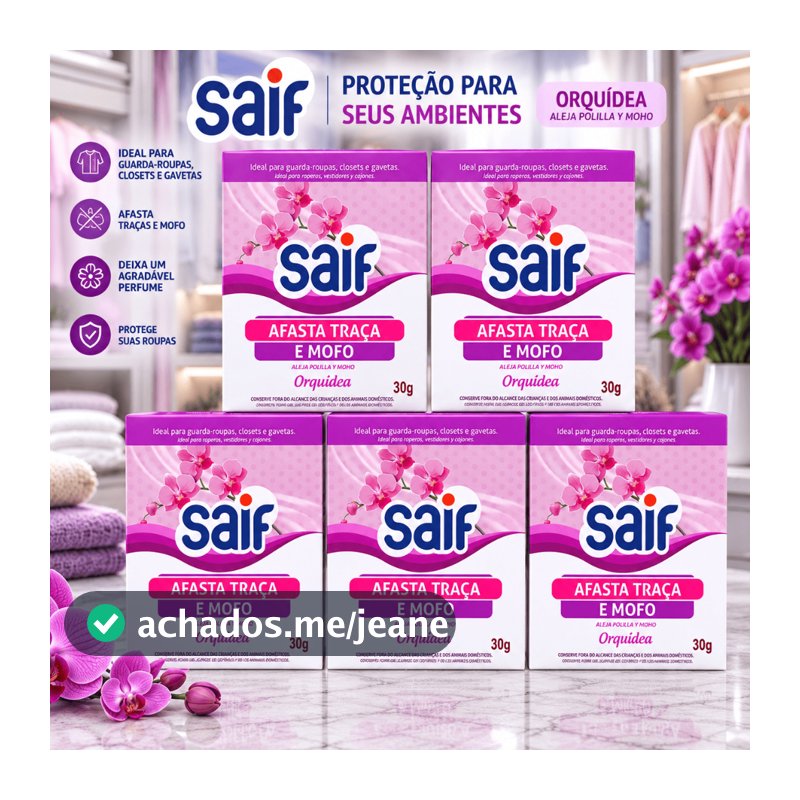Afasta Traça e Mofo Saif Orquídea 30g Sachê Antitraça Antimofo Perfumado Guarda-Roupa Armário