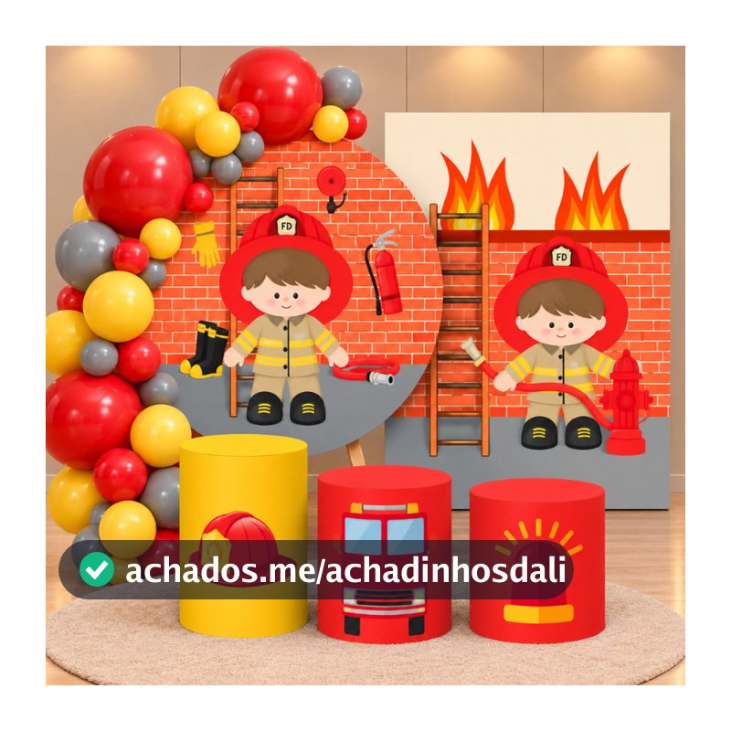 Painel de Festa Decoração Infantil Kit Com Trio de Cilindro ou Peças Avulsas Tema Bombeiro Baby