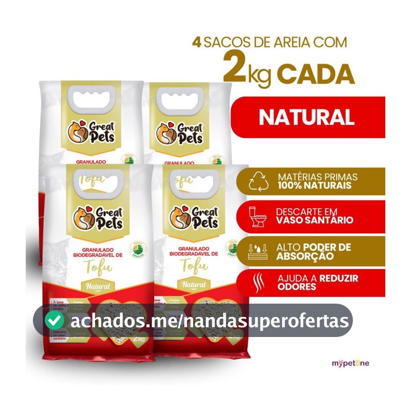 Areia Gatos Tofu 2kg Granulado Biodegradável Higiênico Natural Great Pets