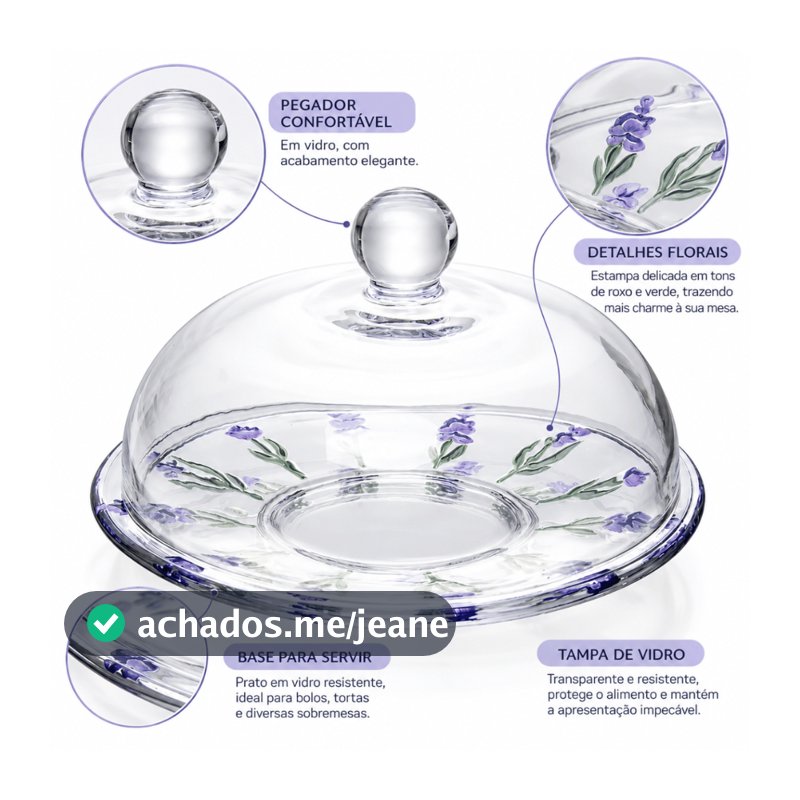 Prato para Bolo Lavanda 19cm Vidro com Tampa Decorada Floral Mesa Posta Sobremesa