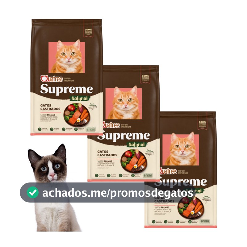 Kit C/3 Ração Quatree Supreme Gatos Castrados Sabor Salmão De 1kg Alimento Seco Super Premium