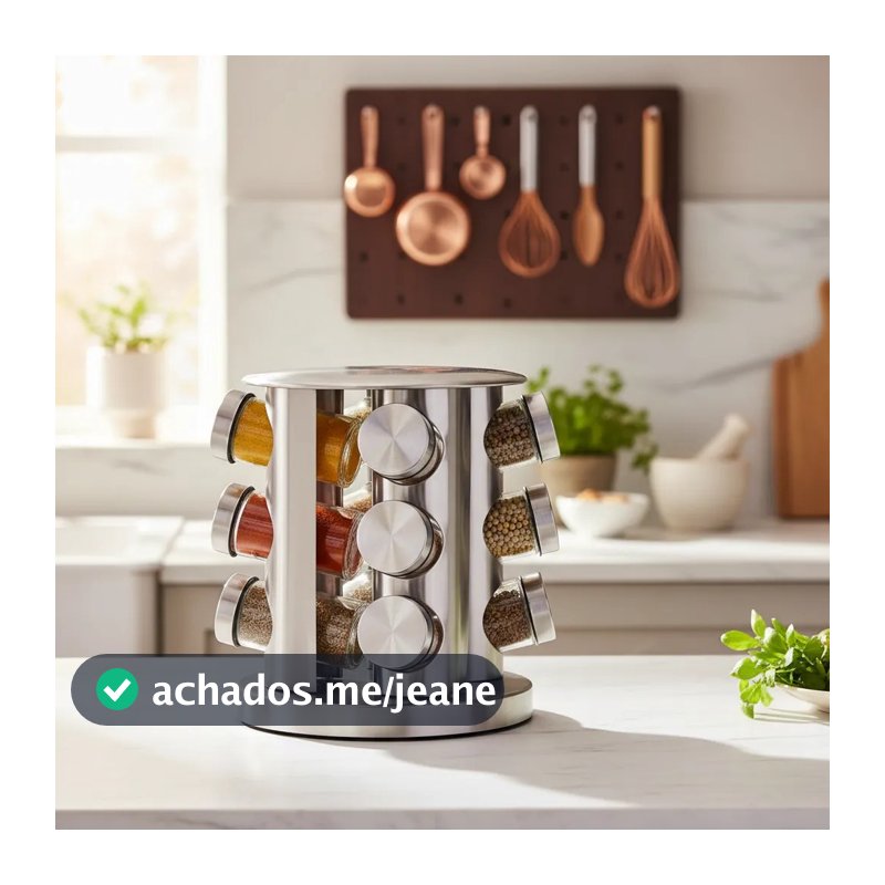 Porta Temperos e Condimentos Inox Giratório 360º 12 Potes de Vidro Pronta Entrega Envio Imediato