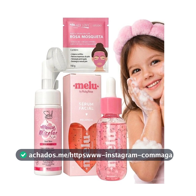 Kit Skincare feminino Melu Melancia + Mousse Micelar + Máscara Facial Rosa Mosqueta Spa Day Menina