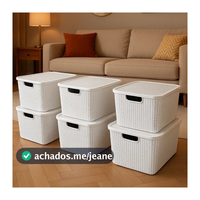 Kit 2/4/6 Caixas Organizadora Rattan 7 Litros Branco - Cesto Armazenamento Guarda Organiza a Casa