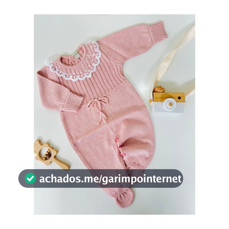 Macacão para Bebê Tricot Roupa Infantil Menina Saída Maternidade Gola Tule Bordado Rendado