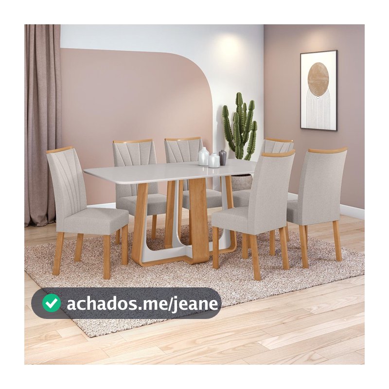 Conjunto Sala de Jantar Mesa Easy Pop 170x90cm Tampo Vidro/MDF 6 Cad Confort Linho Cinza Amendoa/off