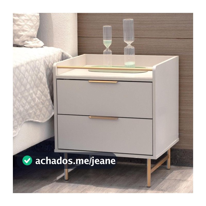 Mesa de Cabeceira com 2 Gavetas Yves 53 cm Off White Fosco com Dourado
