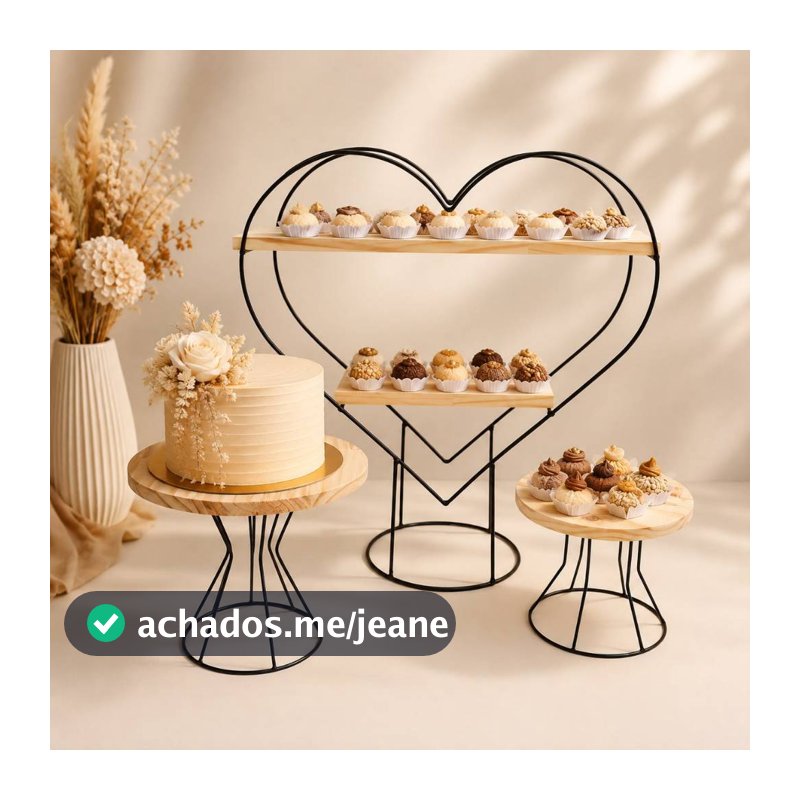 Kit Boleiras Madeira Pinus Doceira Coração Suporte Doces Festa
