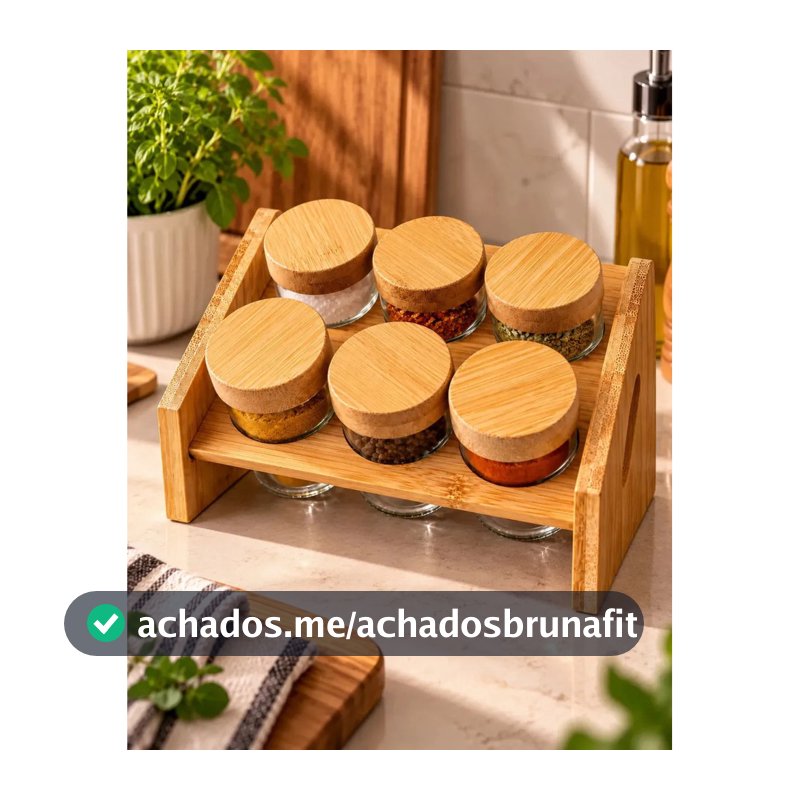 Conjunto Kit Porta Temperos 6 Potes Vidro com Tampa de Bambu e Dosador Suporte Organizador de Temperos Porta Condimentos