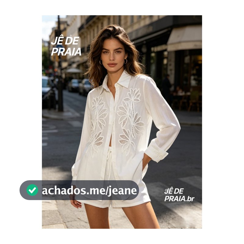 Conjunto Feminino Camisa Short Branco Richelieu Bordado Palmeira Manga Longa Casual Elegante Solto