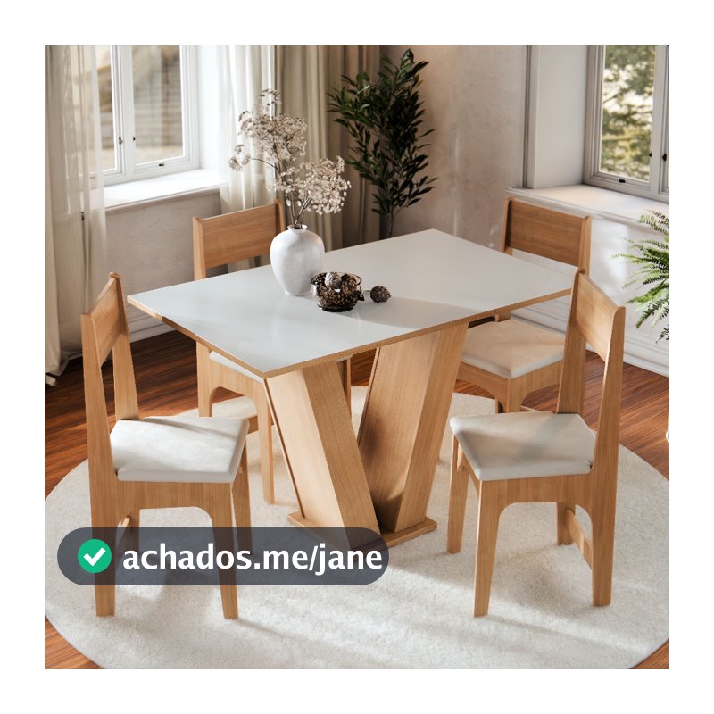 Conjunto Sala de Jantar Completa 4 Lugares Cadeiras Estofadas Mesa Vivi Compacto Para Cozinha Tampo Semelhante Vidro