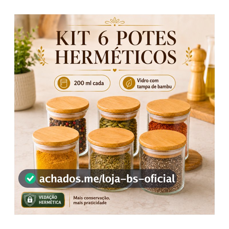 Conjunto de 6 Potes Ideal Para Temperos e Alimentos Pote de Vidro com Tampa de Bambu Hermético 200ml Alta Vedação