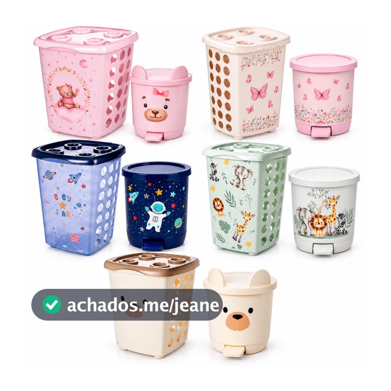 Kit 2 Peças Cesto De Roupas Sujas Infantil + Lixeira Decorada Plástica Limpeza Organização Quarto Bebê