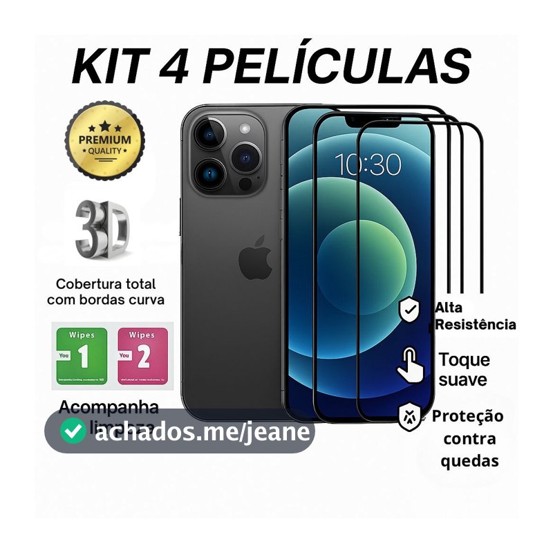 Kit 4 Pelicula de Vidro Temperado 3D Película Iphone XR 11 12 13 14 15 16 17 18 Air Pro Max Plus