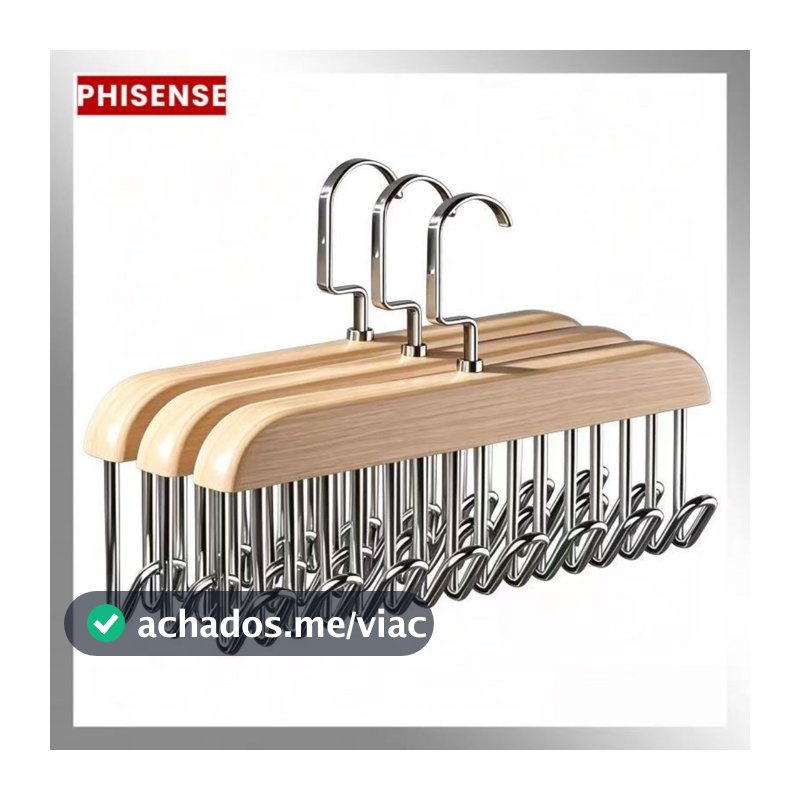 Kit 3 Cabides De Madeira Organizador Para Cintos Gravatas Colares Cachecóis E Sutiãs Com 8 Ganchos