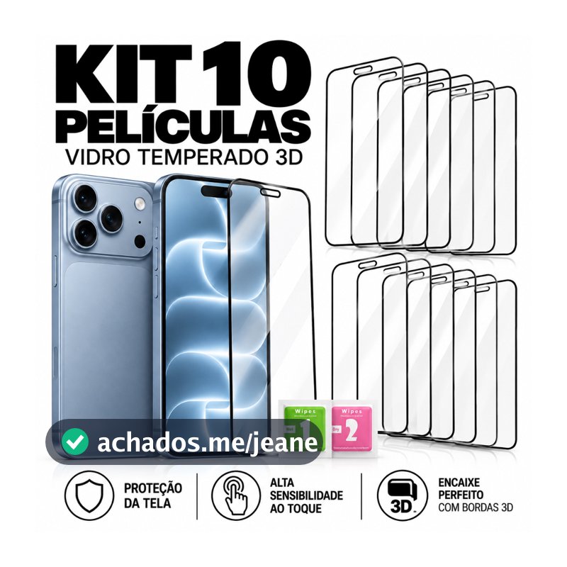 Kit 10 Película de Vidro Temperado 3D Pelicula para iPhone 11 12 13 14 15 16 17 18 Air Pro Max Plus