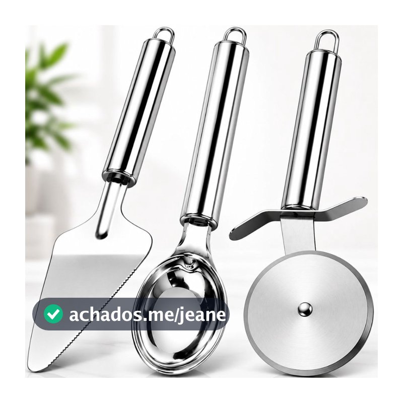 Kit 3 Em Inox Colher De Sorvete/Açaí Carretilha Cortador De Pizza E Espátula De Bolo