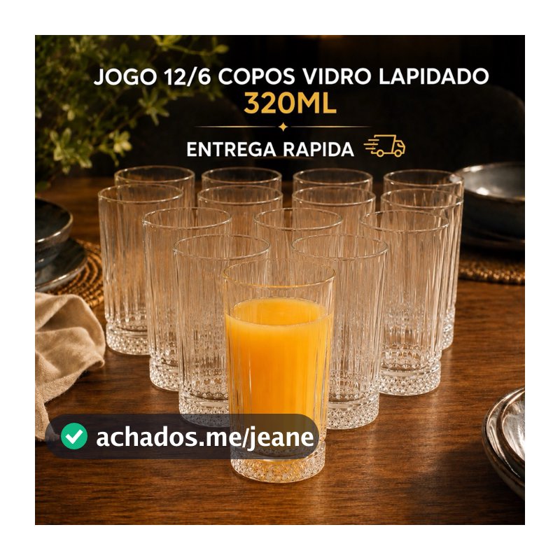 Jogo 12/6 Copos Vidro Lapidado 320ml Grosso Transparente Long Drinks