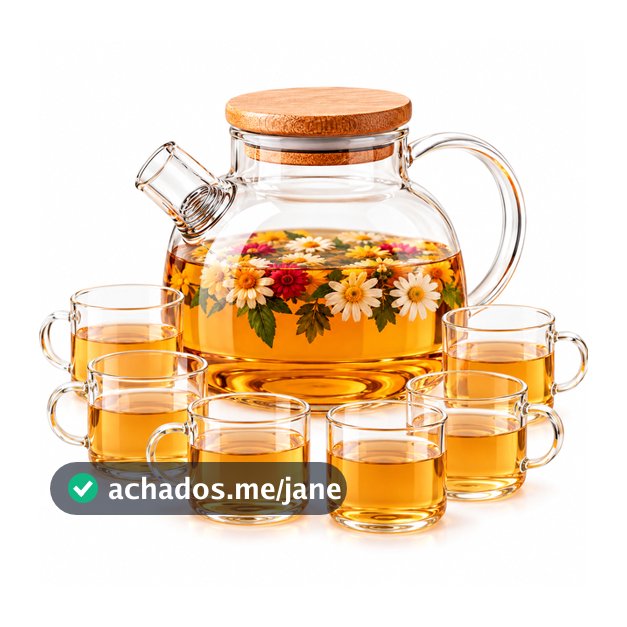 Kit Bule Chaleira de Vidro Borossilicato 1L Tampa de Bambu com 6 Xícaras 110ml Chá Café
