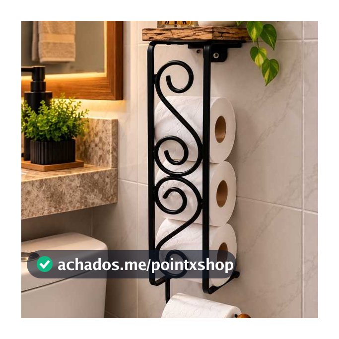 Porta Papel Higiênico de Parede com Prateleira de Madeira Rústica Suporte para 4 Rolos Preto Fosco Organizador