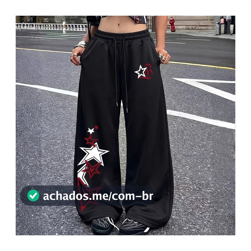 : Calça Baggy Feminina Streetwear   Estampa Estrelas Vermelhas Solta Estilo Gringa