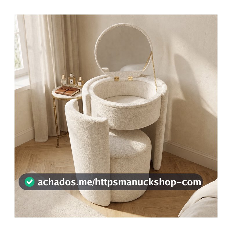 Puff Poltrona Penteadeira Luxo com Espelho e Organizador de Maquiagem – Banco Decorativo Moderno para Quarto e Closet