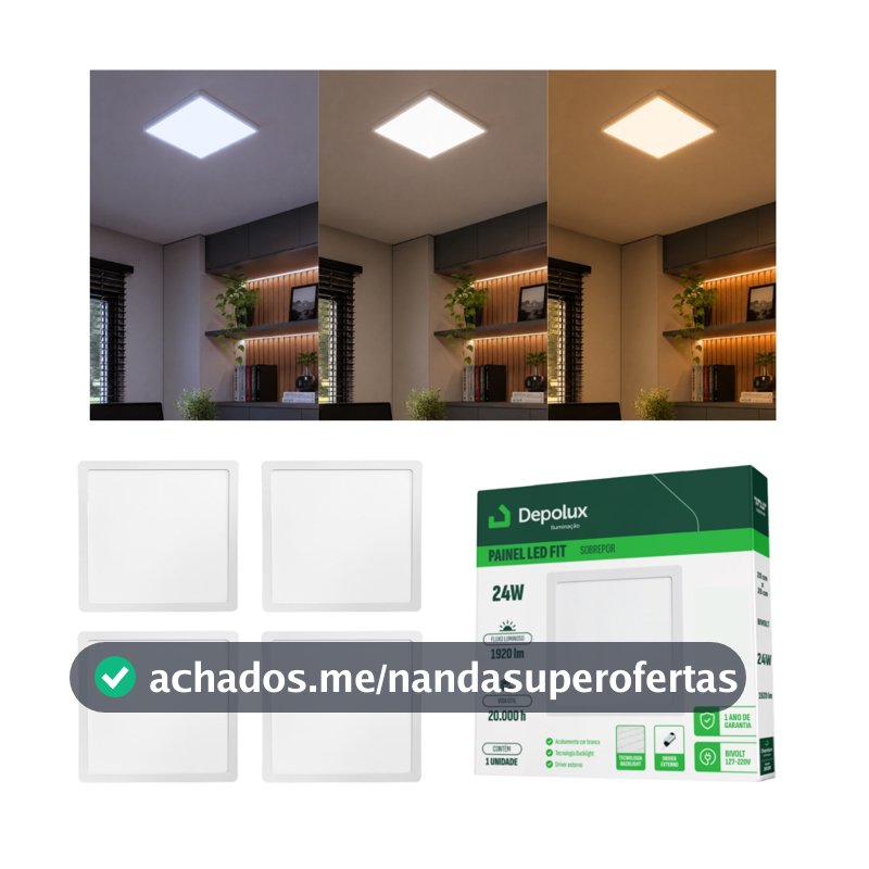 Kit 4 Painel Led 24w Luminária Sobrepor Plafon Quadrado Fit 28x28cm Bivolt 6500K 4000K 3000K 127/220v