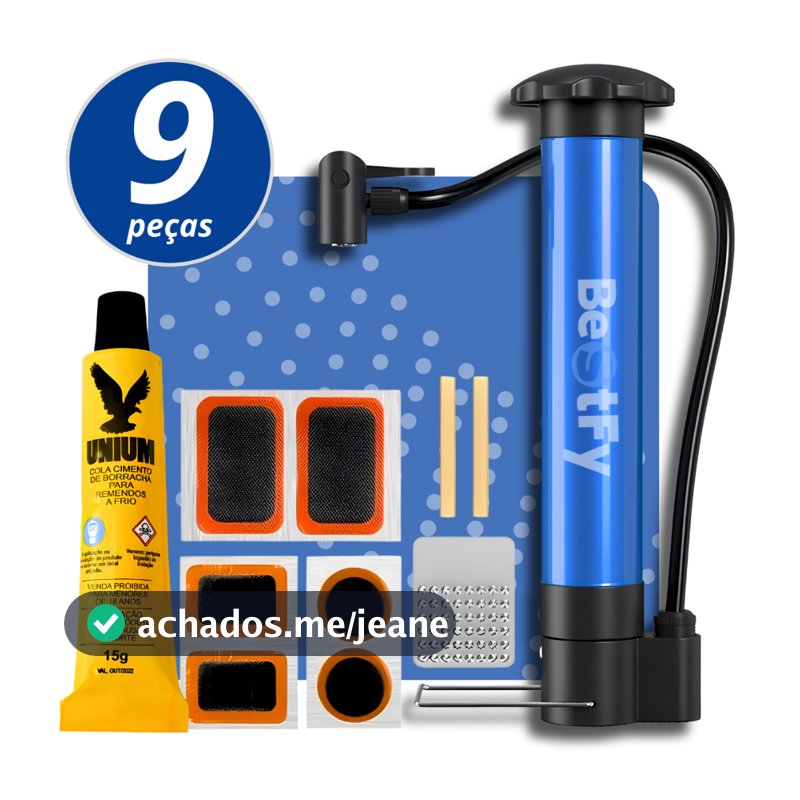 Kit Reparo Pneu Bicicleta 9 Peças + Bomba Ar 32cm Encher Pneu Remendo Frio Cola Kit Ferramentas Bike