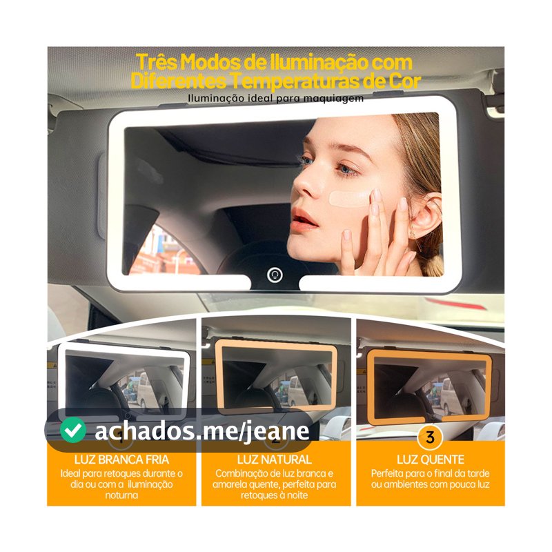 Espelho de Led Maquiagem para Carro 3 Luzes Recarregável Quebra-Sol Universal Estoque no Brasil Envio Imediato