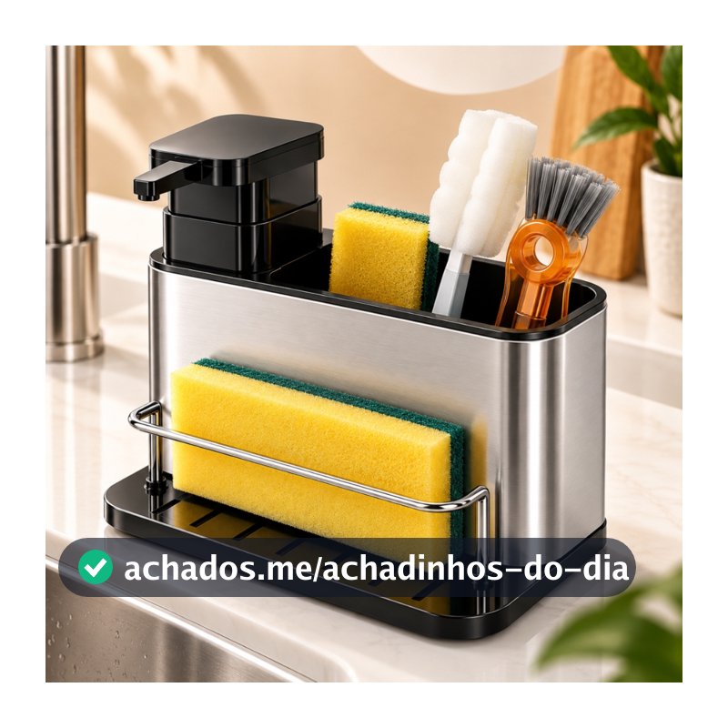 Porta Detergente e Esponja de Pia Cozinha Inox Dispenser Sabão Líquido 200ml Organizador 3 em 1 Porta Pano Pratitudo