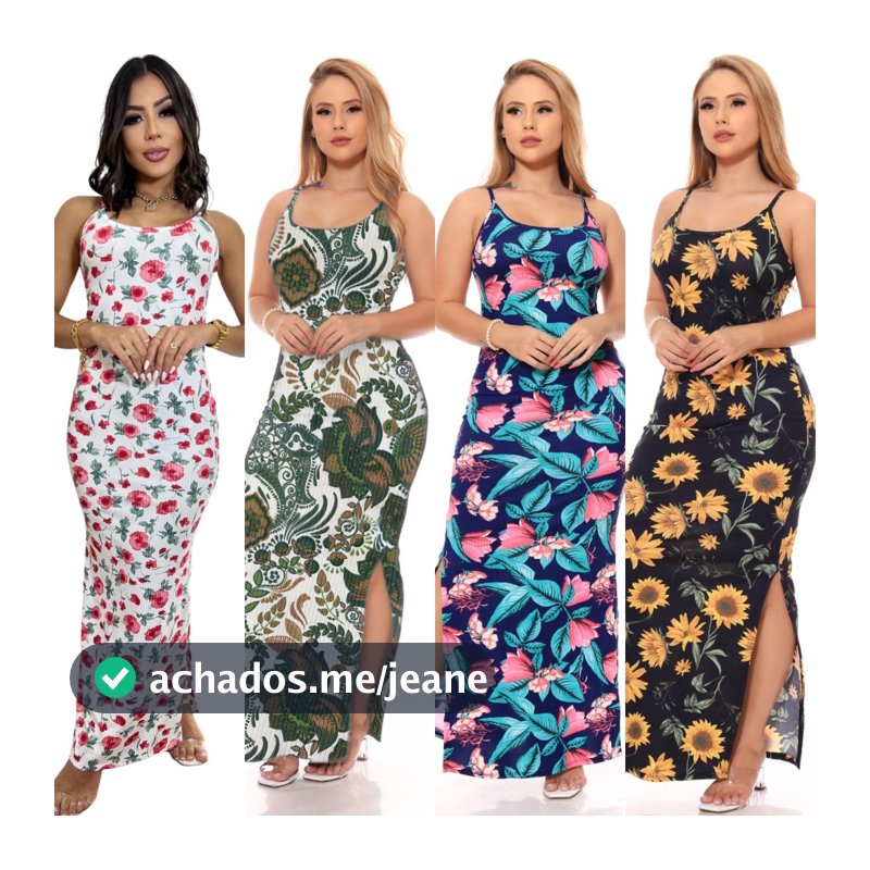 Vestido Alcinha Floral Longo Verão Moderno Canelado Fenda Lateral Florido Gestante Grávida