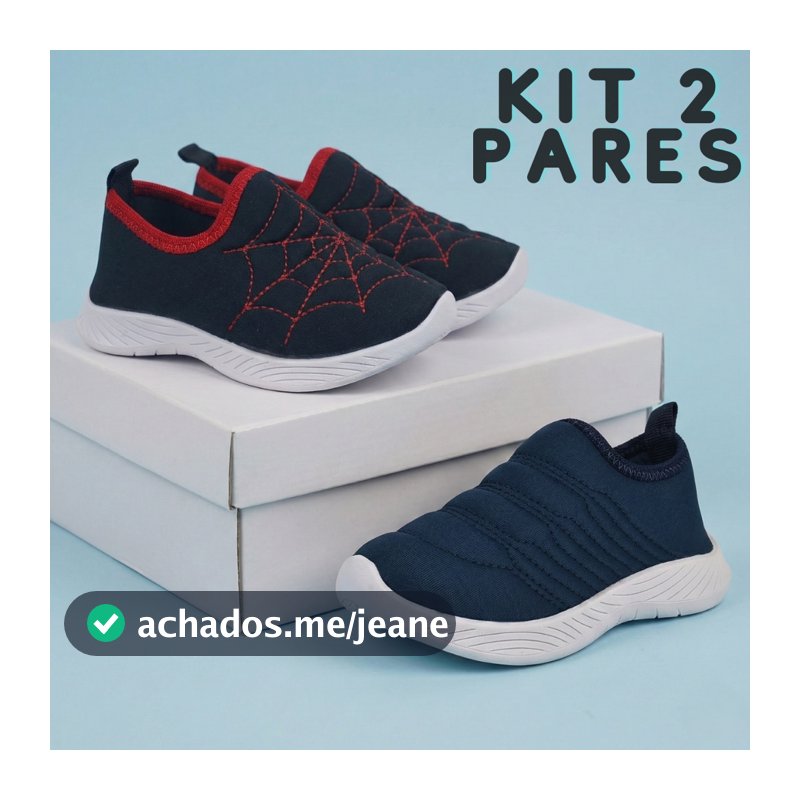 Kit 2 Tênis Infantil Calce Fácil Menino Preto e Azul Marinho Antiderrapante