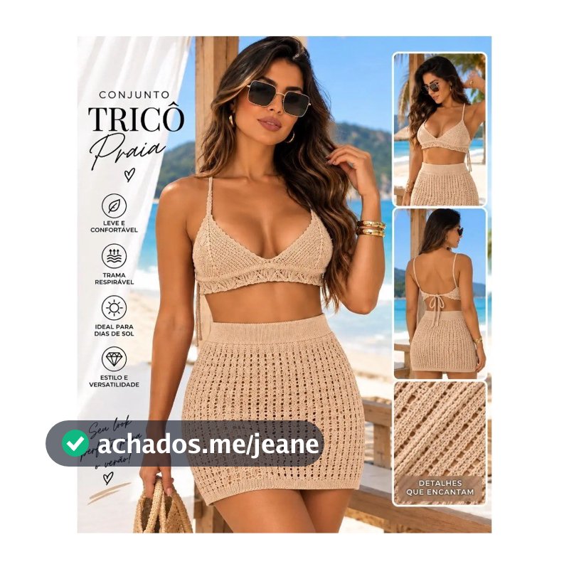 Conjunto Saída de Praia Feminino Tricô Crochê Top e Saia Moda Praia Verão