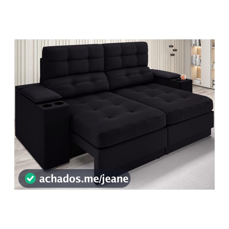 Sofá com Porta Copos e Carregador USB Eureka 1,70m Assento Retrátil e Reclinável Velosuede Preto - NETSOFAS