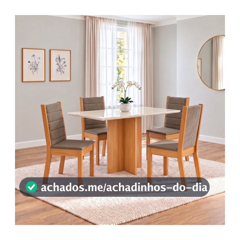 Conjunto Sala de Jantar Mesa Lana 120cm Tampo MDF Vidro Canto Reto 4 Cadeiras Evelin