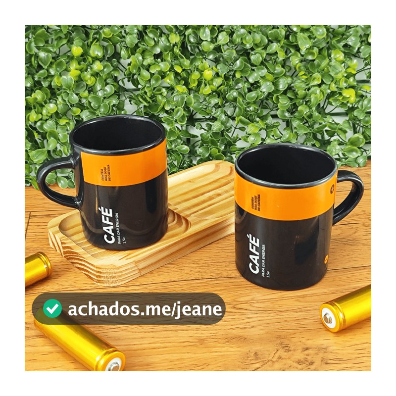 Kit 2 Xícaras/Canecas de Porcelana Reta 120ml + Suporte Pinos duplo Pilha Café Energia