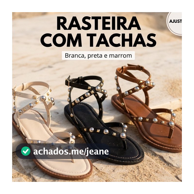 Sandália Rasteira Feminina Gladiadora Tachas Douradas e Prateadas Tira no Tornozelo Fivela Ajustável