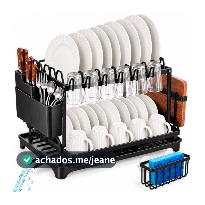 Kit Escorredor de Louça em Aço Inox Antiferrugem 1 ou 2 Andares com Bandeja, Porta-Talheres e Porta-Esponja Decolab