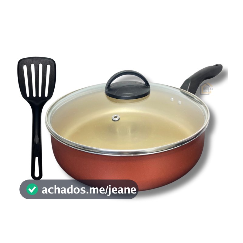 Frigideira Alta Funda 24 cm Antiaderente Teflon  com Tampa de Vidro + Espátula Nylon