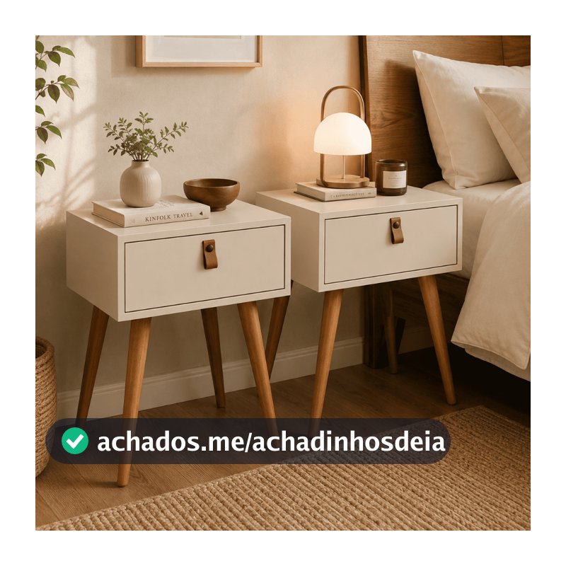 Kit 2 Mesa De Cabeceira com Gaveta Retrô Puxador Couro Pês Madeira Quarto de Casal Decorativo Moderna